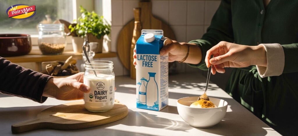 Dairy Max product lineup featuring lactose-free milk and probiotic yogurt