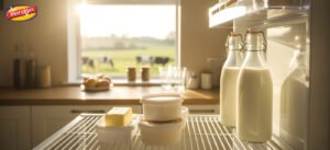 Hand placing organic yogurt into a fridge filled with Dairy Max dairy products